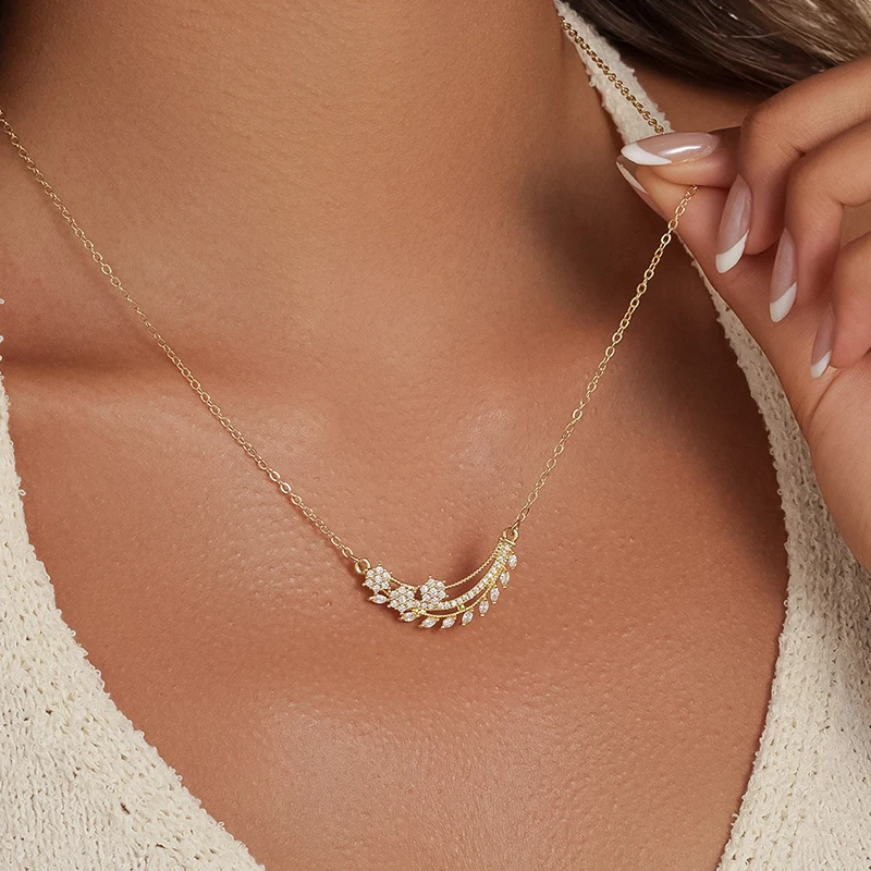 Luxurious Sparkling Zircon Wheat Ear Pendant Necklace, Women's Fashionable and Trendy Banquet Party Jewelry Gift