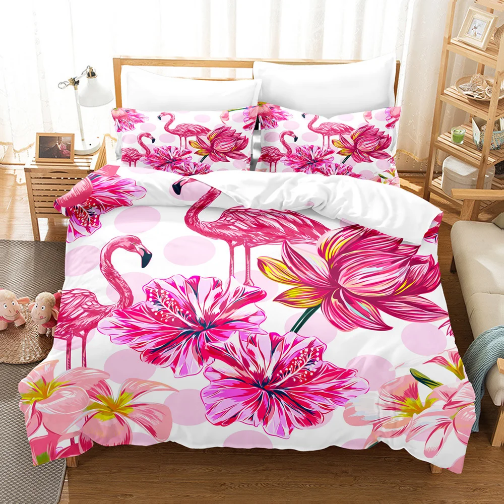 

Pink Flamingo Duvet Cover Set Green Leaves Floral Animal Print Bedding Sets For Kids Girls Tropical Pattern Design Bedroom Decor