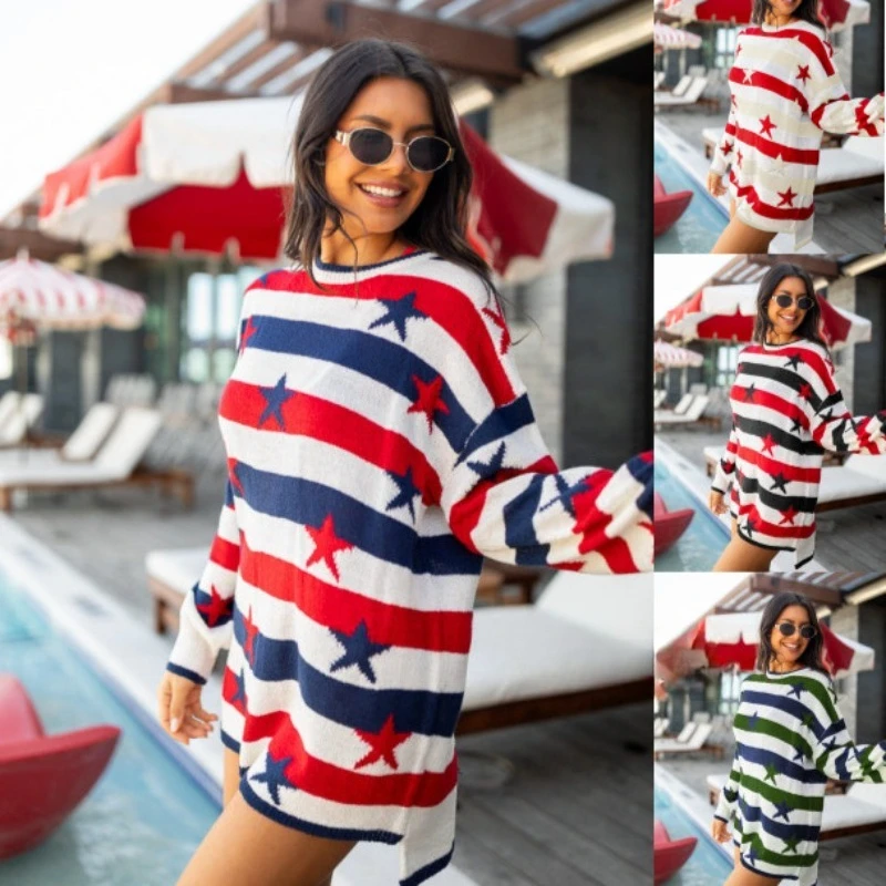 

Autumn Winter Europe America and Asia Fashion Printing Women's Cross-border Flag Loose Long-sleeved Striped Sweater Comfortable