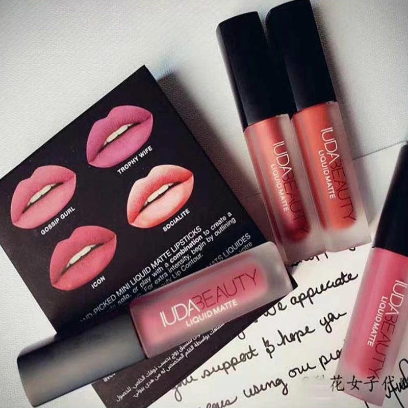 4pcs Lipstick Set Matte Lip Gloss Waterproof Lip Glaze Tint Non-stick Non-Fading Lips Huda Lip Makeup Cosmetic Lip Care