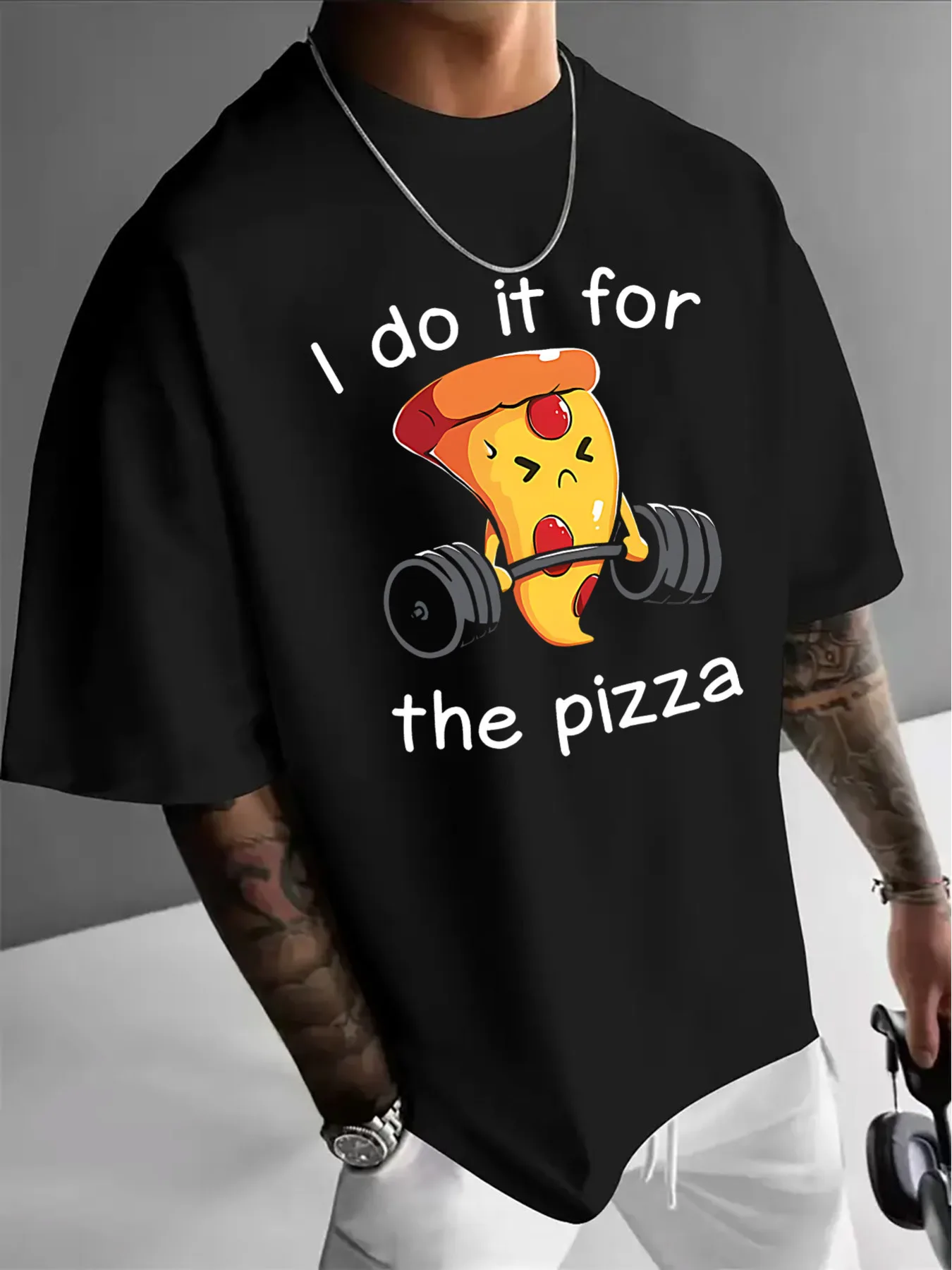 Men's Pizza Print T-Shirt - Pizza Slice & Italian Short Sleeve Round Neck Casual Streetwear Suitable For Gym, Casual Attire, Mac