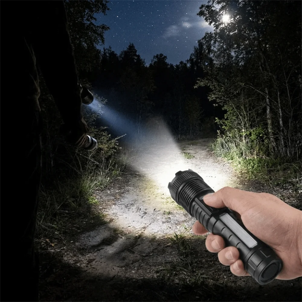 Super Bright Zoom Rechargeable Flashlight Power Display Portable COB Work Light Long Lasting Runtime Durable Emergency Torch