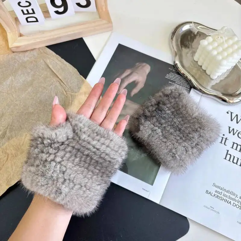 Winter Mink Fur Wrist Warmers Half-finger Gloves For Women Real Fur Warm Gloves Office Typing Fingerless Plush Cold-proof Gloves