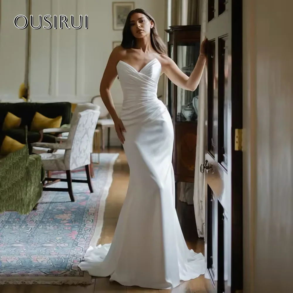 Sexy Mermaid Sweetheart Wedding Dresses  Buttons Bridal Gowns Sleeveless Satin Sweep Train فساتين سهرة إيلي صعب Customized