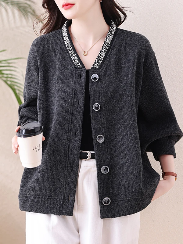 Authentic plus Size Knitted Jacket Pearl Embellished Casual Loose Women's Open Cardigan Autumn 2026 New Style Polyester Fiber