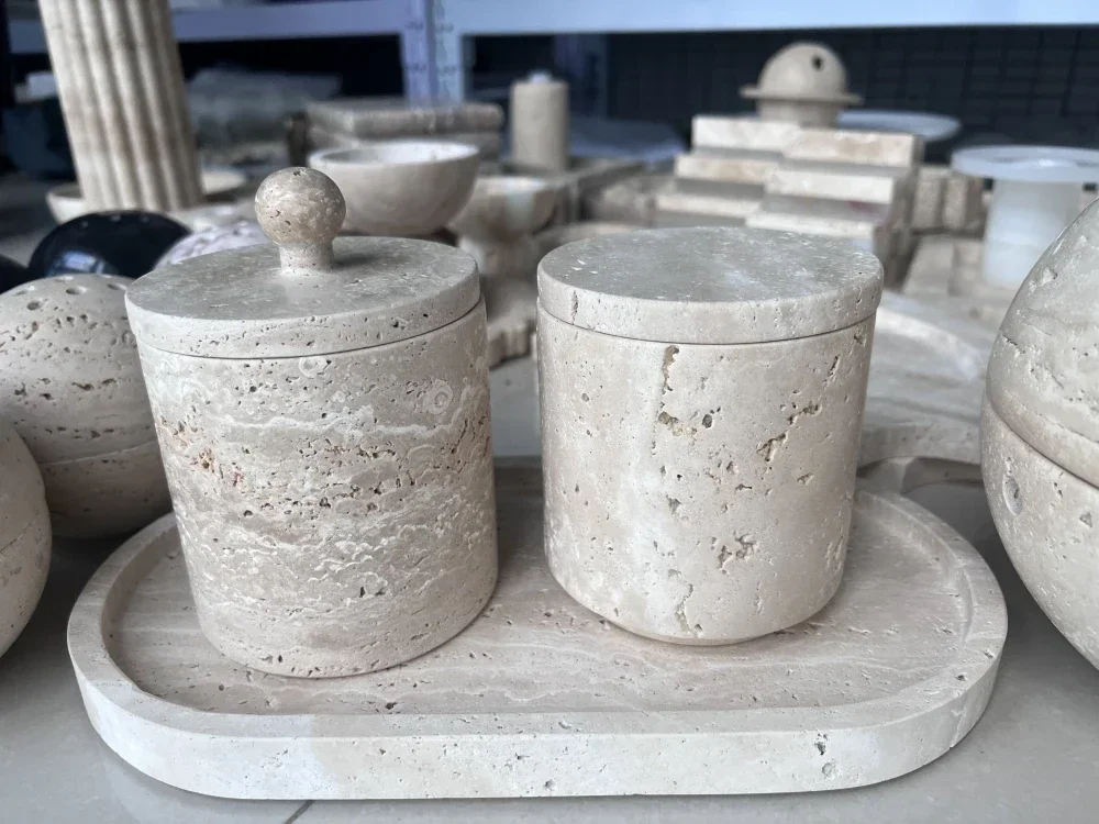 Wabi-sabi Beige Travertine Natural Marble Stone Sundries Storage Tank Candle Jars with lid bathroom accessory Home decoration