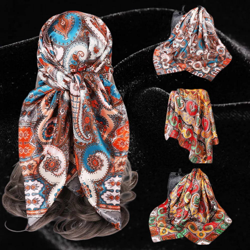 90cm Paisley Print Satin Square Scarf Elegant retro headscarf women artistic accessory Beige orange paisley satin scarf