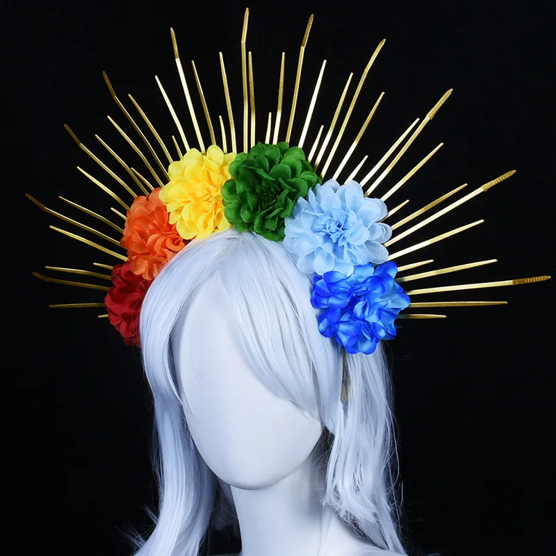 Colorful Flower Lolita Tiara Headband Baroque Style Rainbow Color Crown Sun Goddess Cosplay Headpiece Party Headwear Photo Props