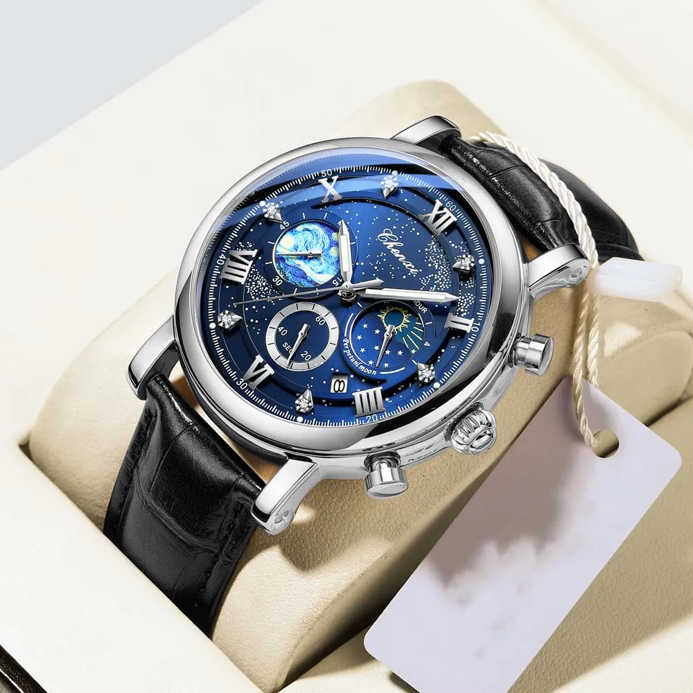 NEW Man Watch Multi-function Chronograph Moon Phase Date Quartz Watches Sky Dial Stainless Steel CHENXI Wristwatch Reloj Hombre