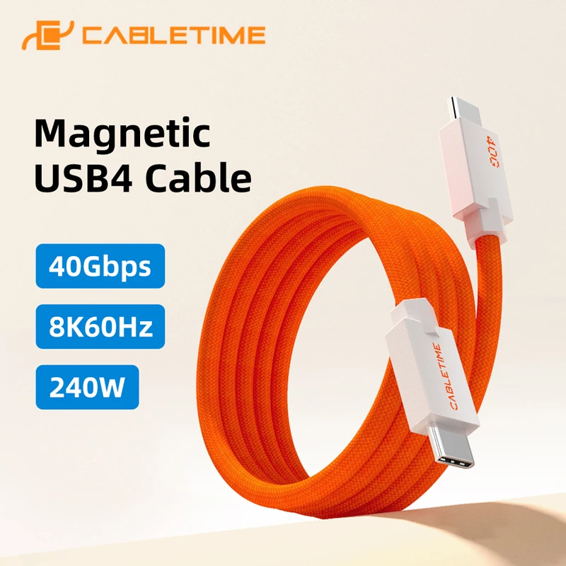 

Кабель CABLETIME 240W с магнитным разъемом USB4, 8K@60Hz, USB-C на USB-C, 40 Гбит/с, кабель Type-C, провод питания для ноутбуков, Macbook, iPad
