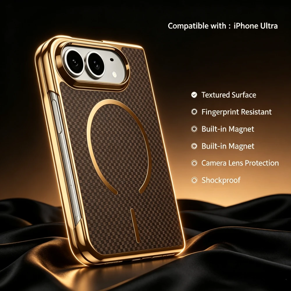 Aramid Fiber Texture PU Leather Phone Case for iPhone Duo Fold for Magsafe Ring Glossy Frame Cover 9H Glass Film Protector