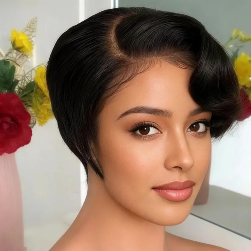 

150% плотность 6 дюймов натуральный черный 13x1 Т-образный парик из натуральных волос на шнуровке для женщин короткий вьющийся парик с стрижкой пикси для вечеринок