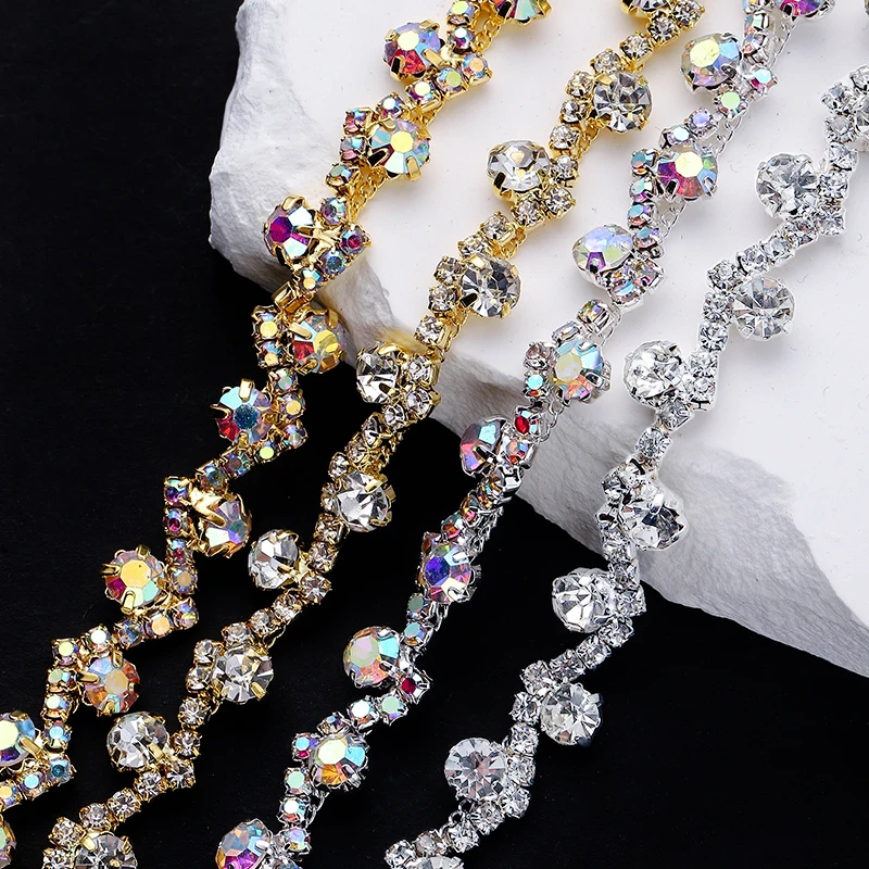 DUCRYSTARL 1Yard Rhinestone Trim Crystal Chain Gold/Silver Claw Crystal Sewing Craft DIY Wedding Dress Decoration