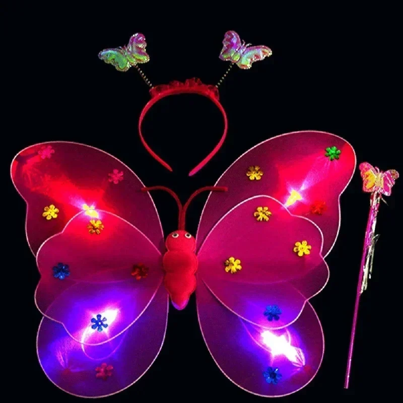 3Pcs/Set Double Layers Girls Led Flashing Light Fairy Butterfly Wing Wand Headband Costume Toy Gift Halloween Decoration