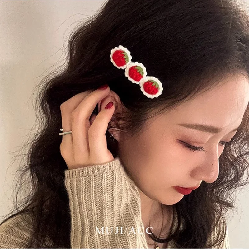 دبابيس شعر كروشيه منسوجة يدويًا للفتيات ، مشابك شعر فراولة حلوة ، أغطية رأس ، مشابك شعر للأطفال ، قبضة شعر ، قبضة شعر للأطفال ، 2
