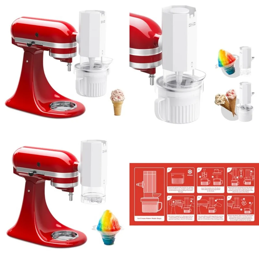 2 in 1 Ice Cream Maker and Shaved Ice Attachment for KitchenAid Stand Mixers, 2 Small Ice Cream Bowls, Snow Cone Machine with C