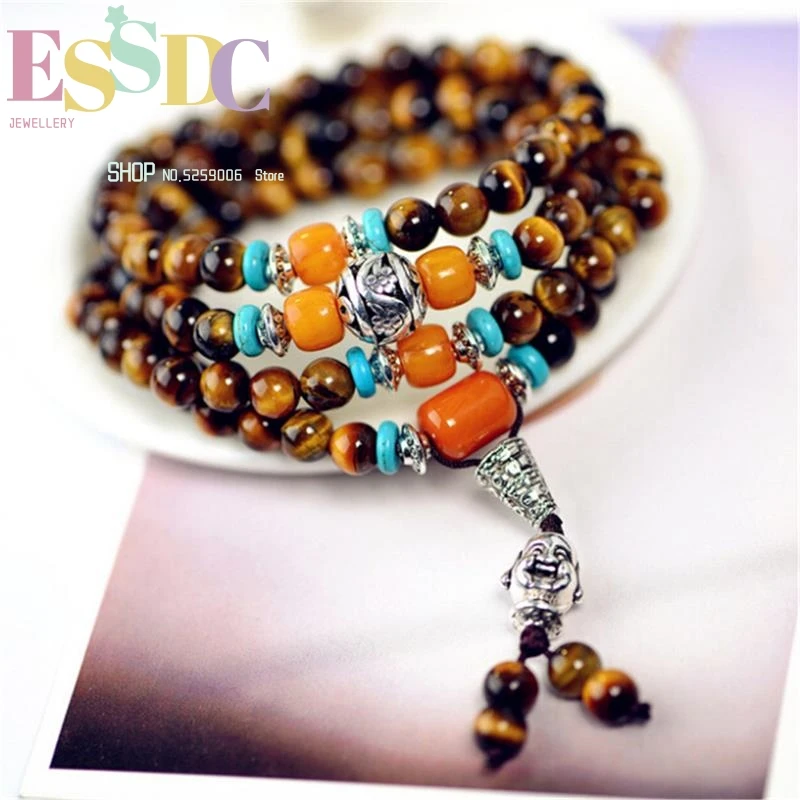 Natural Yellow Tiger Eye Stone 108 Beaded Bracelet with Silver Buddha Head Pendant Men Women Yoga Hand String Jewelry Wholesale