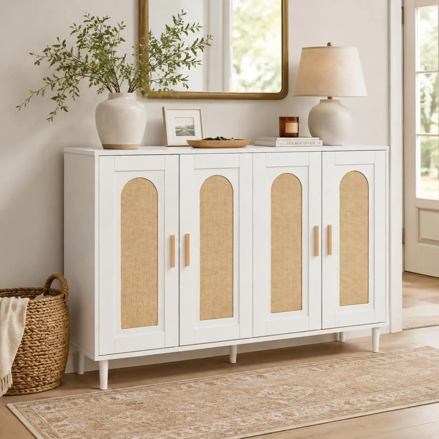 Rattan Buffet Cabinet 4 Doors Adjustable Shelves Modern Coffee Bar Console Table Kitchen Entryway Storage, Customized