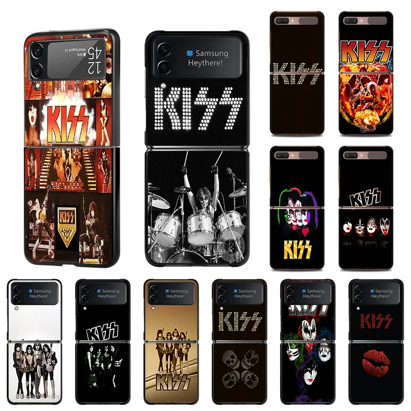 Black Anti-Drop Phone Case For Samsung Galaxy  Z Flip4 Flip 3 4 5G KISS Band Painted Protective Hard Shell Cover ZFlip3 Fundas