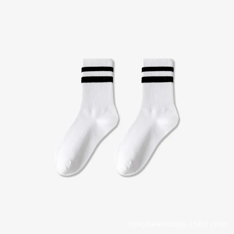 Chaussettes mi-longues respirantes à double barre pour femmes, chaussettes de sport en pur coton, chaussettes carillons, noir et blanc, gris, haute qualité, 5/10 paires