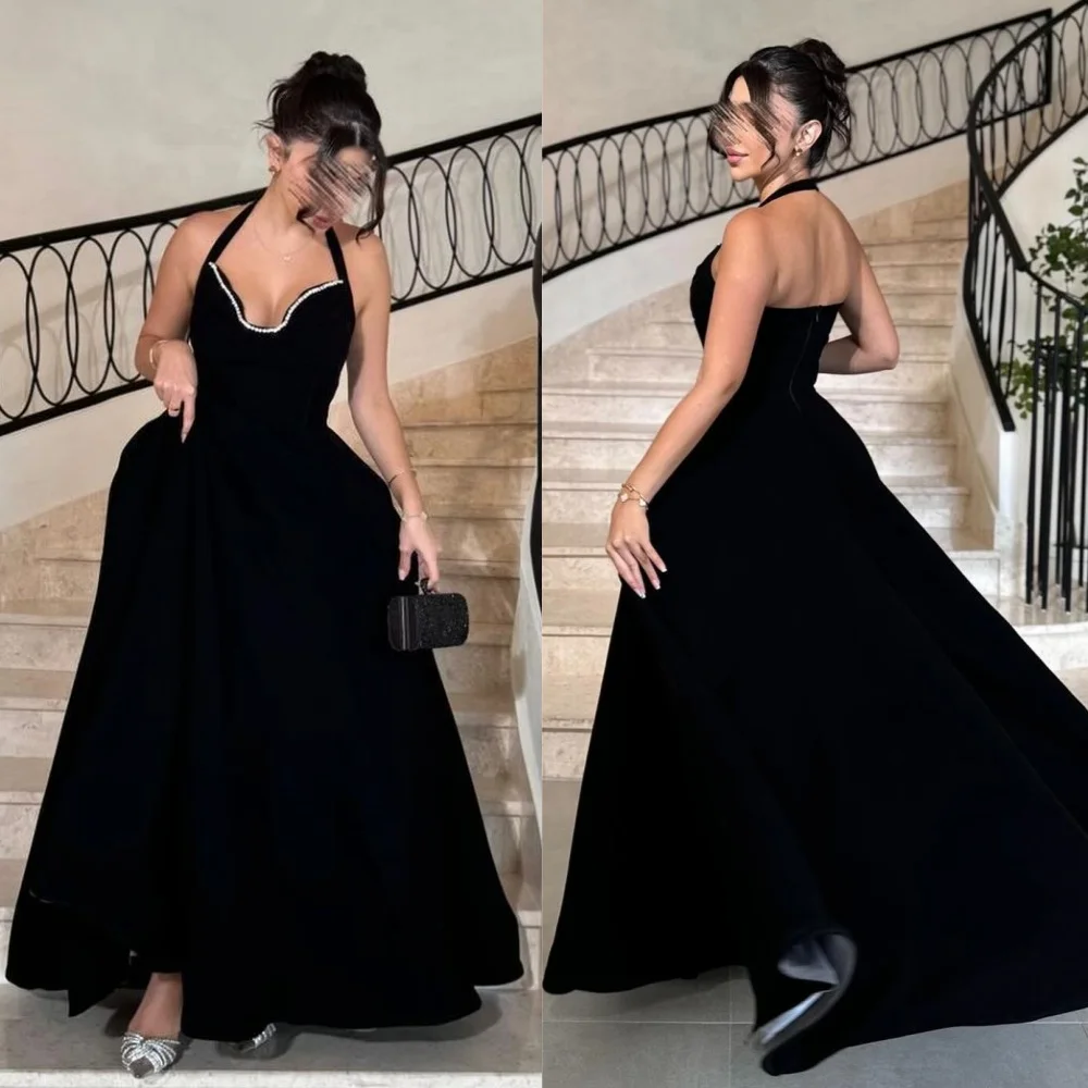 

Customized Modern Style Casual Jersey Pleat Draped Beading A-line Halter Long Dresses Bespoke Occasion Dresses Matching Elegant