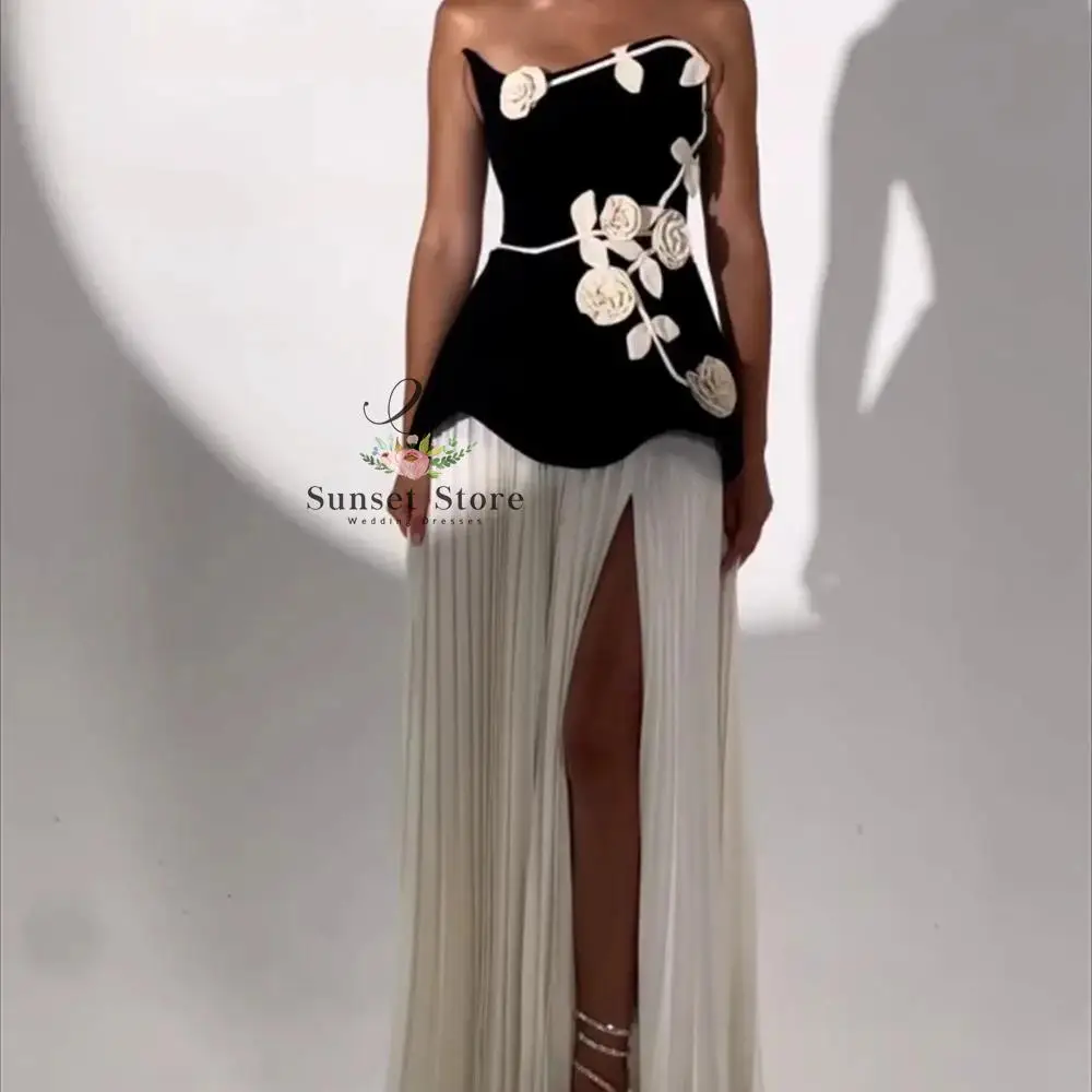 Customized Evening Dress Customized Jersey Flowers Pleat Strapless A Line Evening Gowns Elegant Thigh Slit Wedding Party Dress