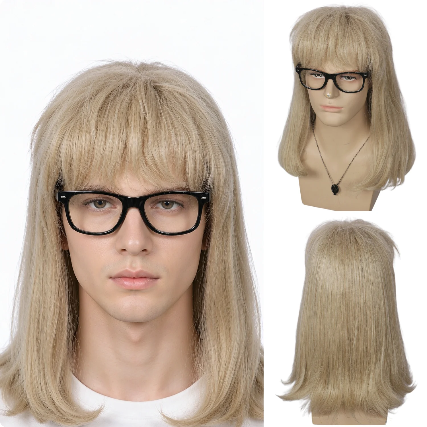 Long Straight Blonde Wig with Full Bangs and Glasses for 80s Punk Cosplay