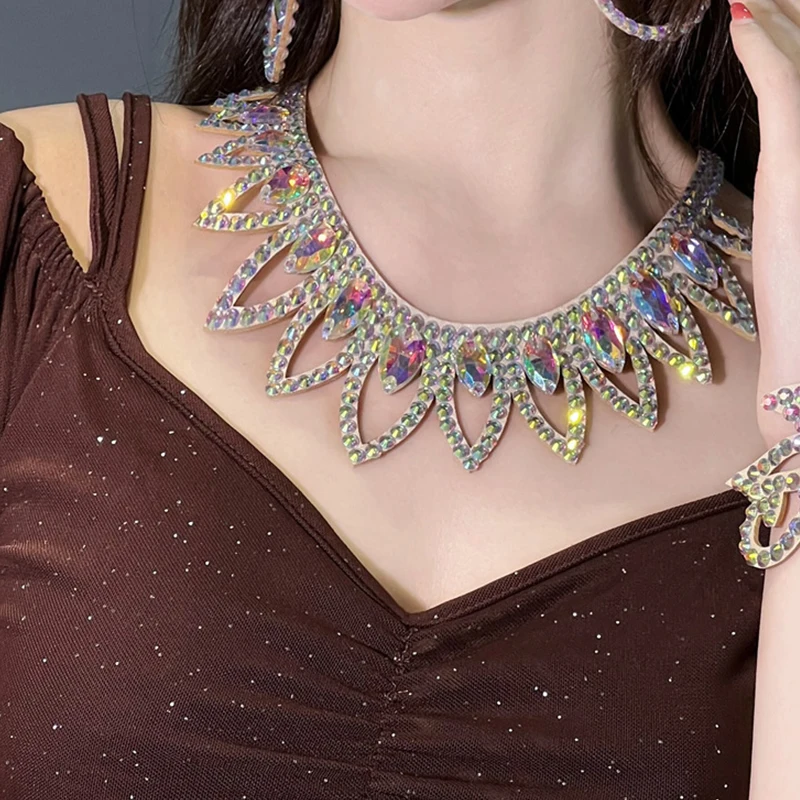 Vintage Luxury Rhinestone Drop Necklace Queen Shining Jewelry Boho Accessories for Women Belly Dance Necklace Earring Set