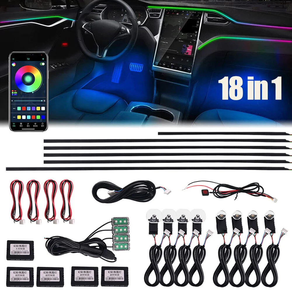 Car Ambient Lights RBG 64 Color Interior Acrylic Strip Light Guide Fiber Optic Interior Decoration Atmosphere Lamp 18 in 1 LED