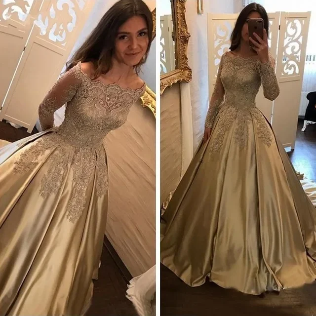 Gouden lange avondjurken vestidos de festa mode lange mouwen formele satijnen baljurk quinceanera jurken