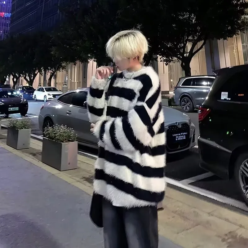 

Fall Winter Large Size 250 Pou Striped Knit Sweater Vintage Cool Lazy round Ne Pullover M Faion Polyester Fiber