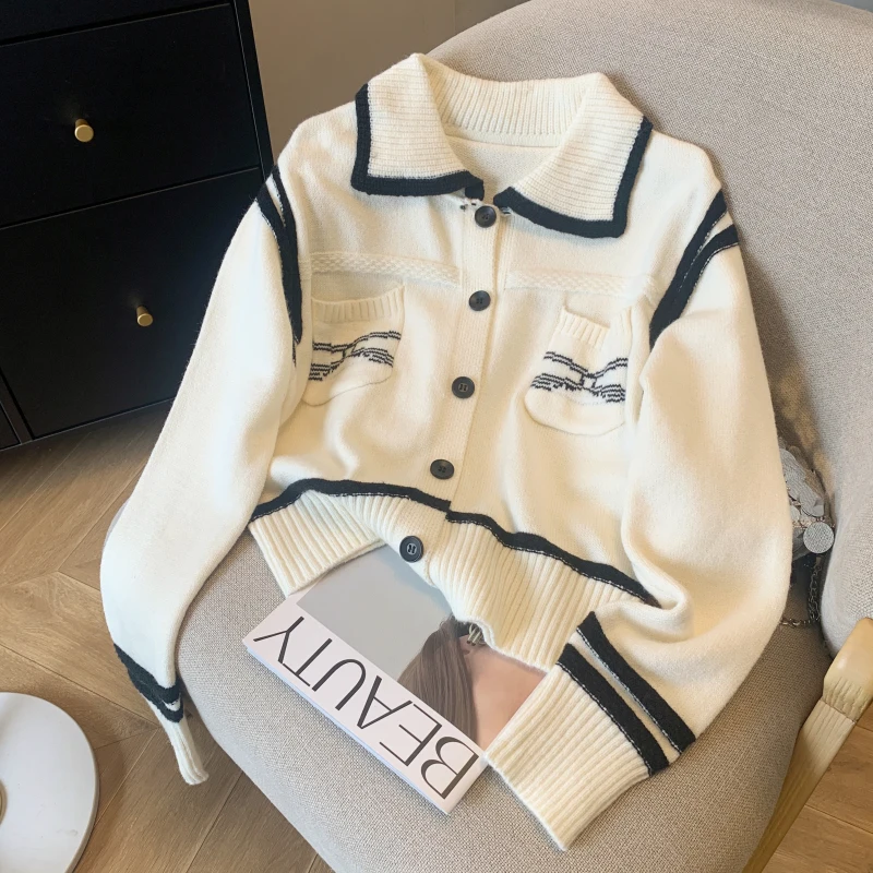 

Вязаный кардиган с воротником с лацканами в стиле ретро, женский однобортный мягкий свитер с французским темпераментом, осеннее универсальное пальто, топы