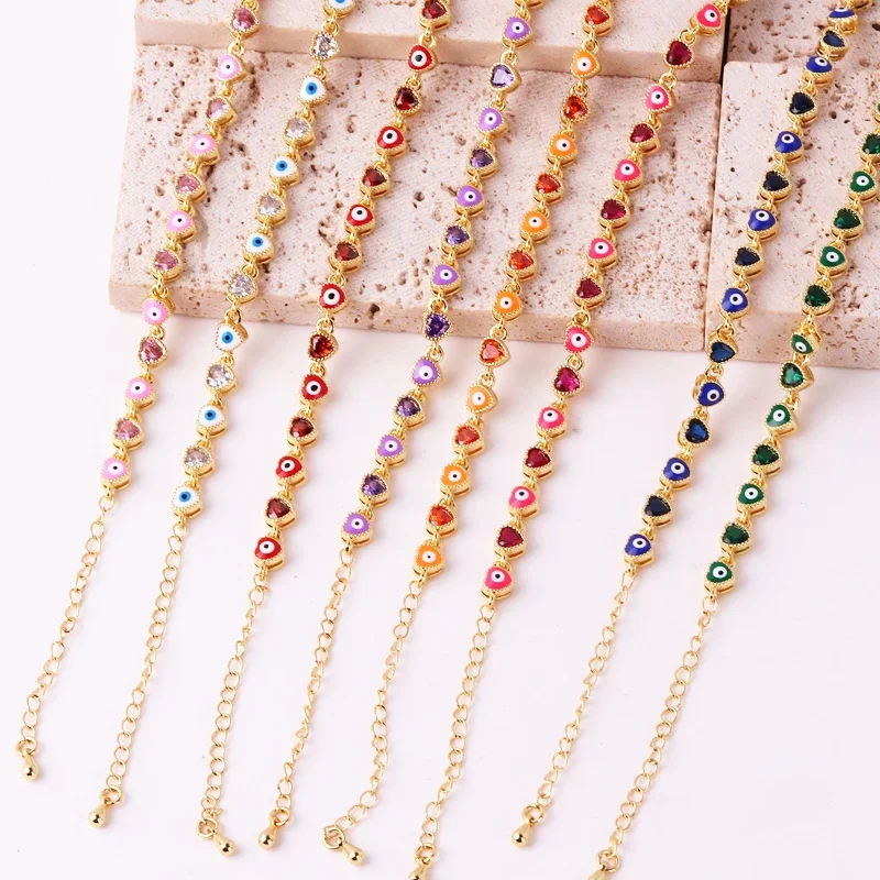 18K Gold Plated Colorful Heart Turkish Evil Eye Charm Bracelet For Women Boho Lucky Copper Chain Adjustable Summer Jewelry