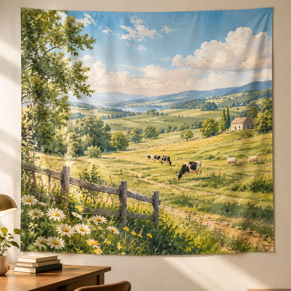 VIKAMA Pasture Fence Line Tapestry Wall Hanging, Aesthetic Farmhouse Room Decor Tapestries for Living Room Bedroom Kids Room