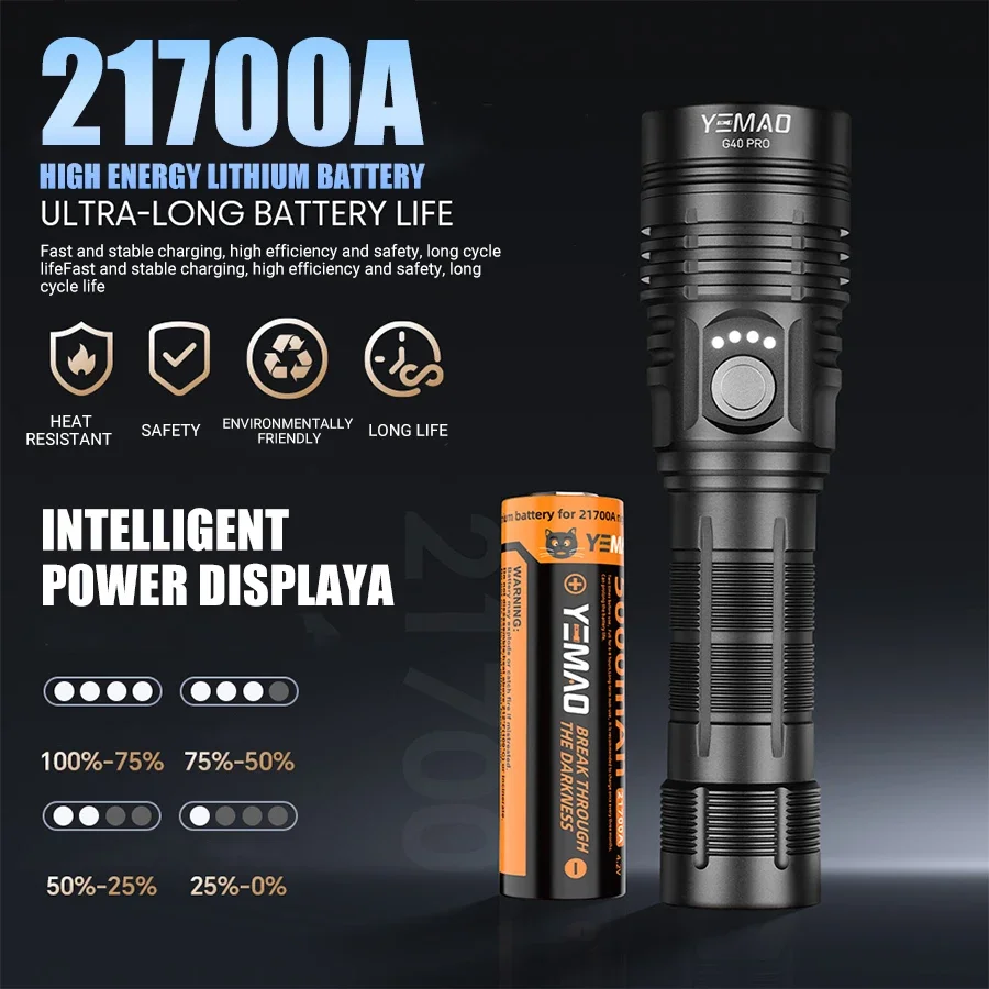 YEMAO G40Pro 2000LM High Power Rechargeable Flashlight, SST40 4000mAh, Aluminum Alloy Built-in Battery Flashlight, For Camping