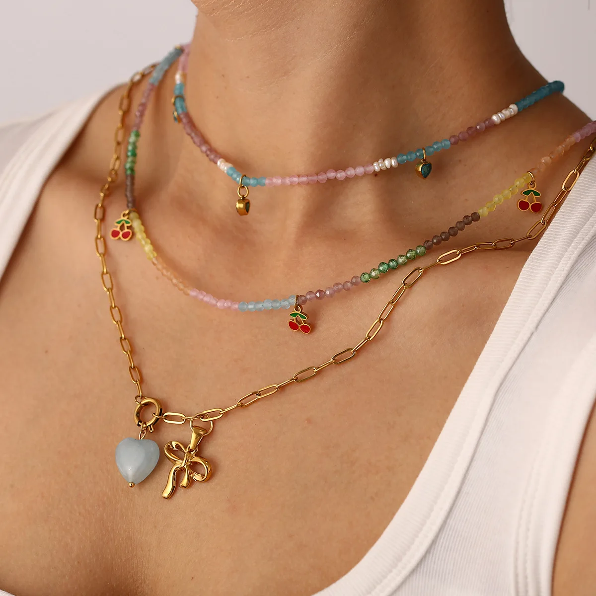 قلادة كرز مخصصة من الفولاذ المقاوم للصدأ مع عقدة فراشة وقلادة قلب من الحجر الطبيعي، إكسسوار مجوهرات عصري للجنسين