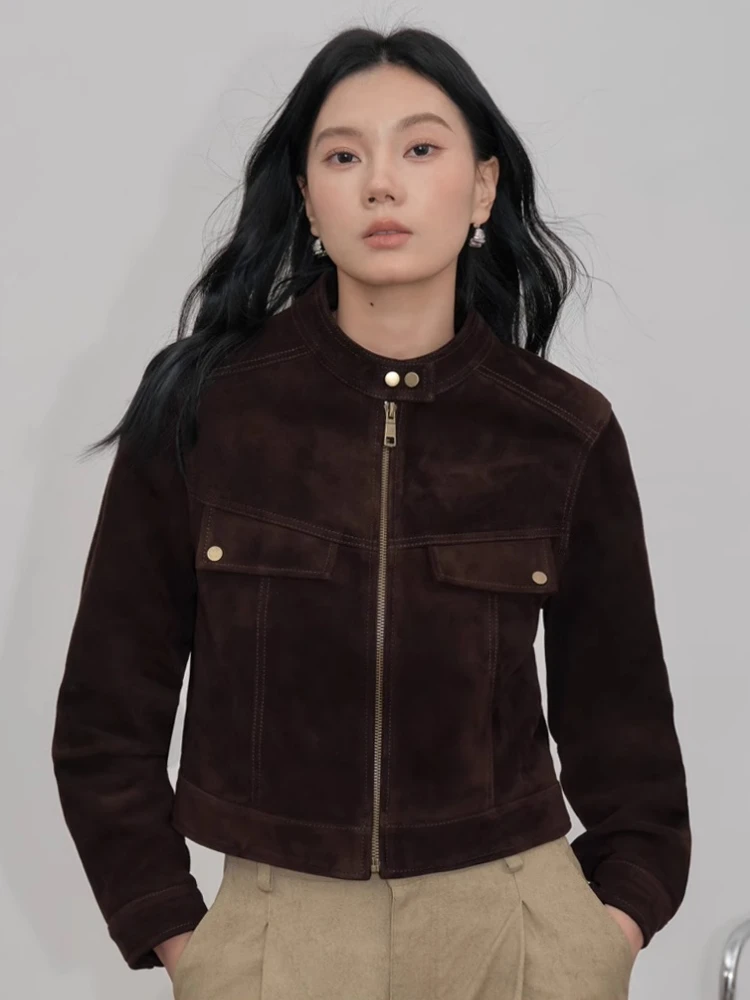 Vintage Short Genuine Leather Jackets for Women Spring Autumn 2025 New High-end Simple Stand Collar Real Sheepskin Suede Coat