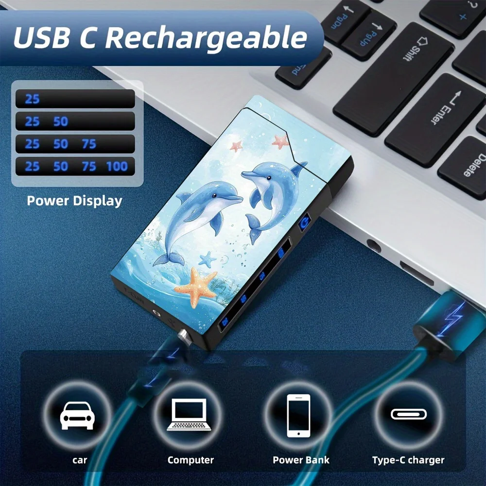 A Windproof Electric Arc Lighter Featuring a Scene of Two Dolphins Playing. It Includes an Electronic Lighter, Windproof Design, Metal Casing, Battery Level Display, Type-C Charging, Dual Arc, Gift Box Packaging, Power Cut-Off Program