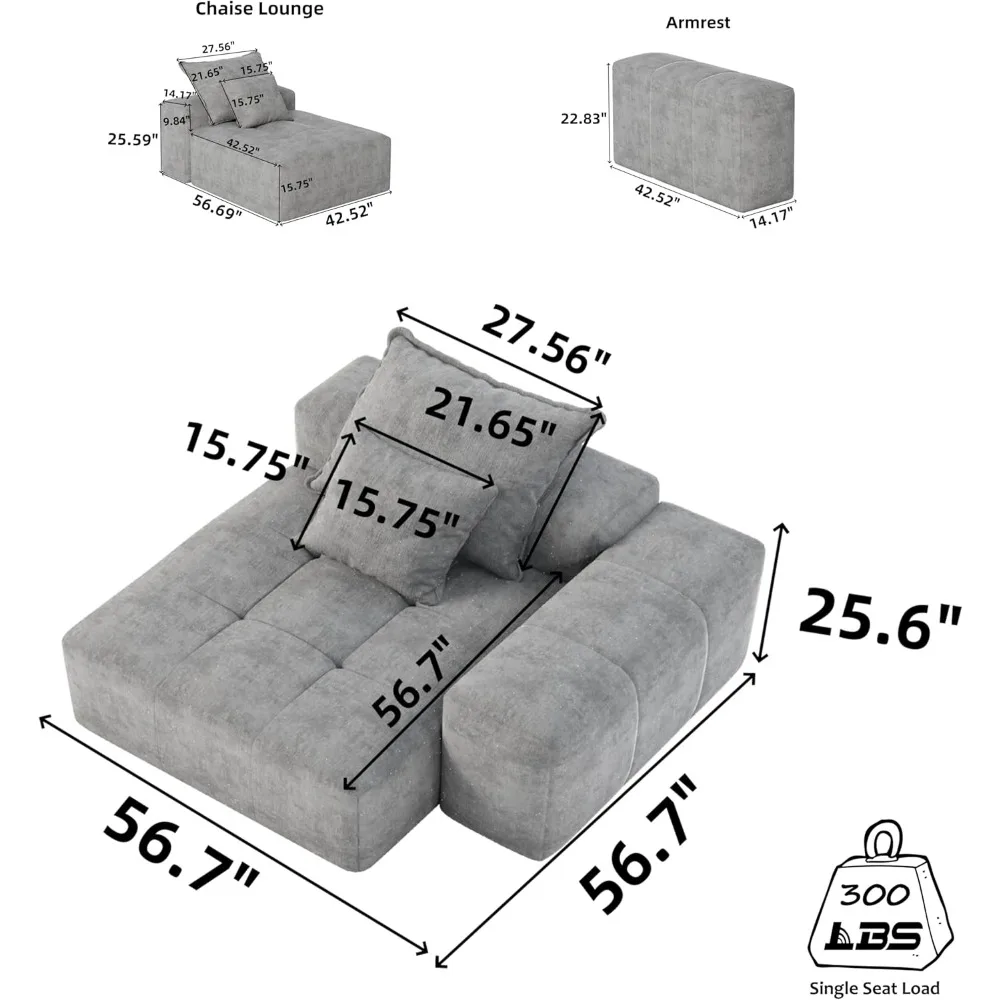 Canapé sectionnel modulaire surdimensionné moderne avec 1 accoudoir, canapé à coussin doux en Chenille scintillante avec 2 oreillers, combinaison Tuf DIY