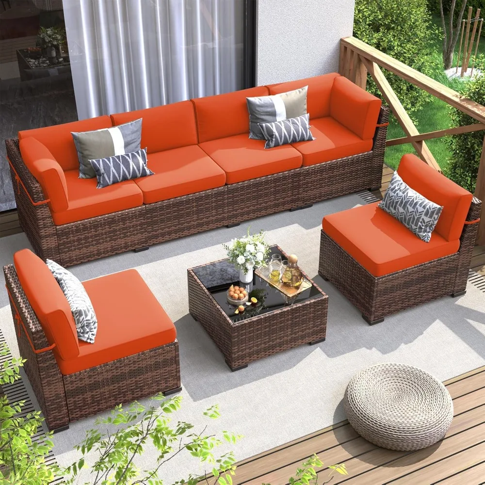 Patio Furniture Set, 7 Pieces Outdoor Modular Conversation Set Wicker Sectional Sofa for All Weather Rattan Patio Couch, Sofa