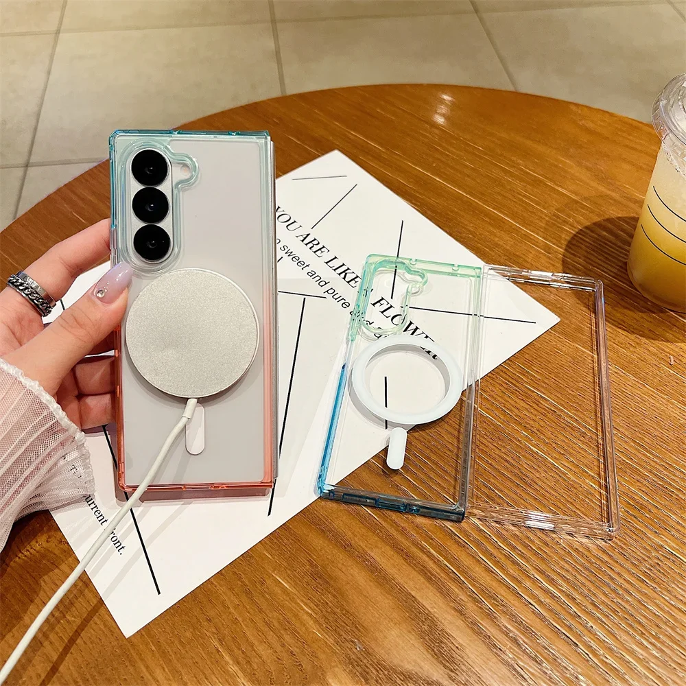 For Magsafe Magnetic Gradient Clear Acrylic Phone Case for Samsung Z Fold 7 6 5 4 3 5G Fold7 Wireless Charging Protective Cover