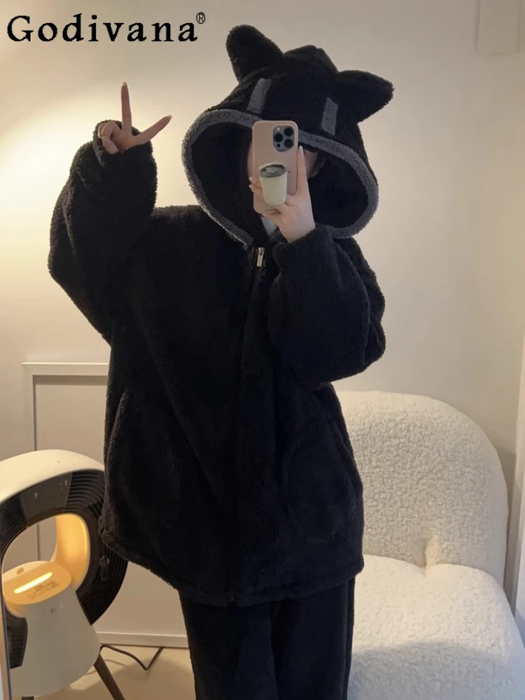 

Large Size Women Winter Thickened Fashion Home Hooded Pajamas Loose Versatile Comfortable Long Sleeve Trousers Leisure Pajamases