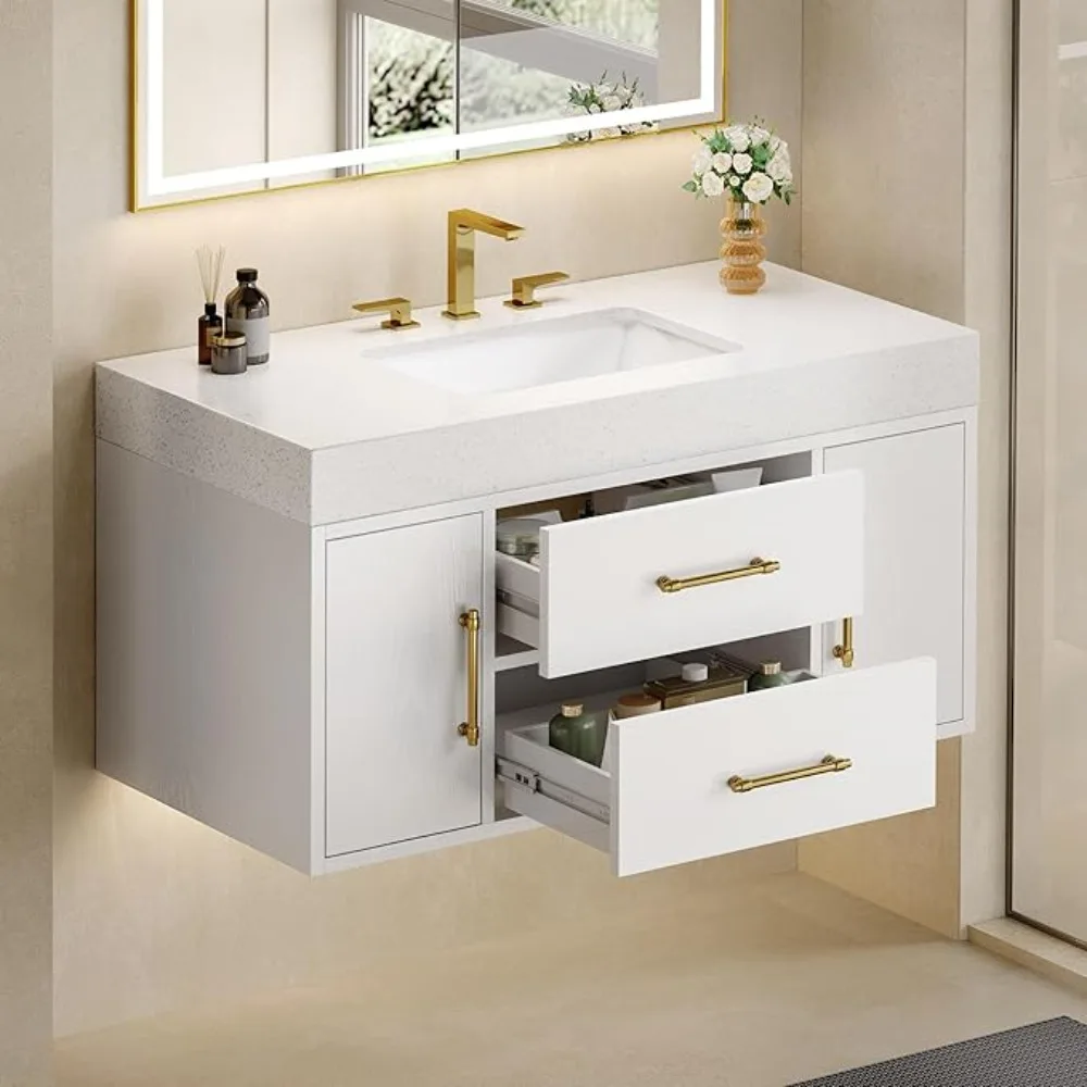 

Bathroom Dresser,40 InchFloating Vanity Bathroom,Wall Mounted with Ceramic Sink Included 2 Drawers and Shelves, Floating Vanitys