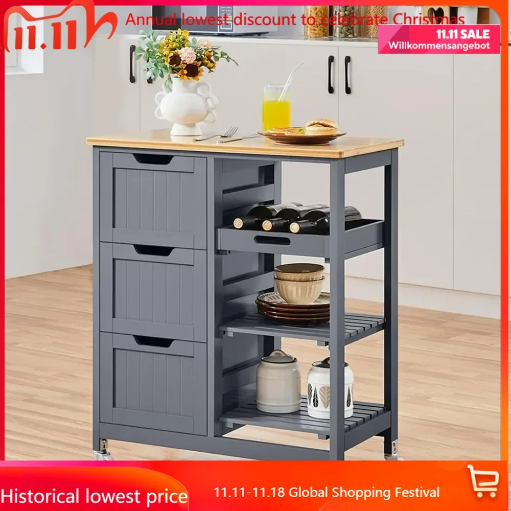 

Kitchen Island Cart on Wheels with Storage, Rolling Bar Cart with Solid Wood Top and 3 Drawers, 3 Removable Shelves, Serving