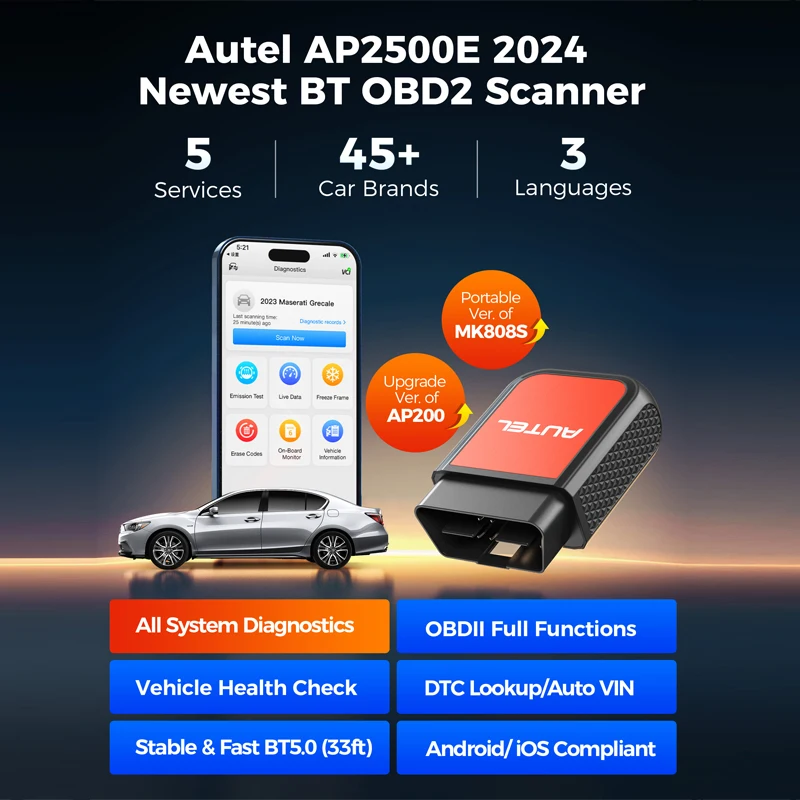 Autel MaxiAP AP2500E Bluetooth Code Reader CAN FD OBD2 Scanner Full Systems ABS SRS 45+ Car Brands for Android/iOS