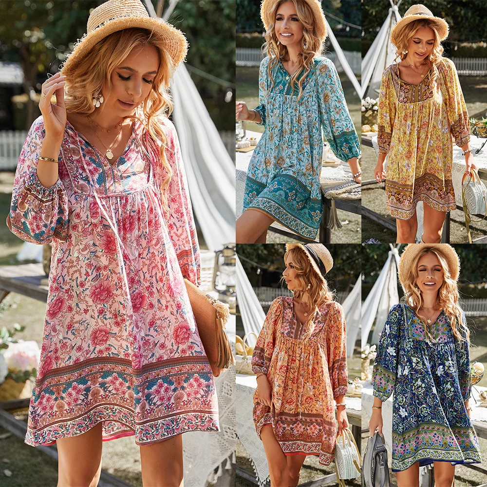 YJKDYK 2025 Spring Summer Women's Boho Beach Dress V-neck Printed Long Sleeve Dress Casual Loose Lady's Dress Women's Dress