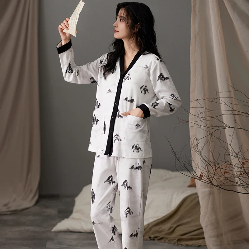 Ink and Wash Women Pajamas Set Casual Long Sleeves Long Pants Autumn Winter Simple Sleepwear Cozy Pyjamas Soft Pijamas Girls Pjs