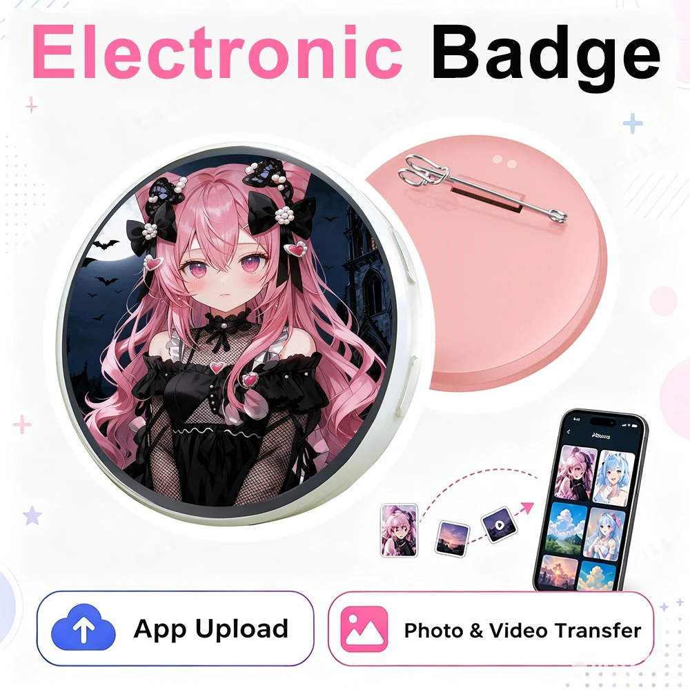 Smart Anime  Digital Display Pin Badge Touch Screen E-Badge Photo GIF Video App Upload Wearable Brooch Dynamic Gifts For Friends