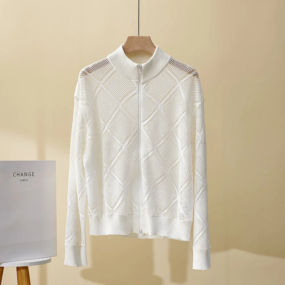 

Spring and Summer New Cardigan Beaded Yarn Zipper All-match Rhombic Hollow Knit Top for Women