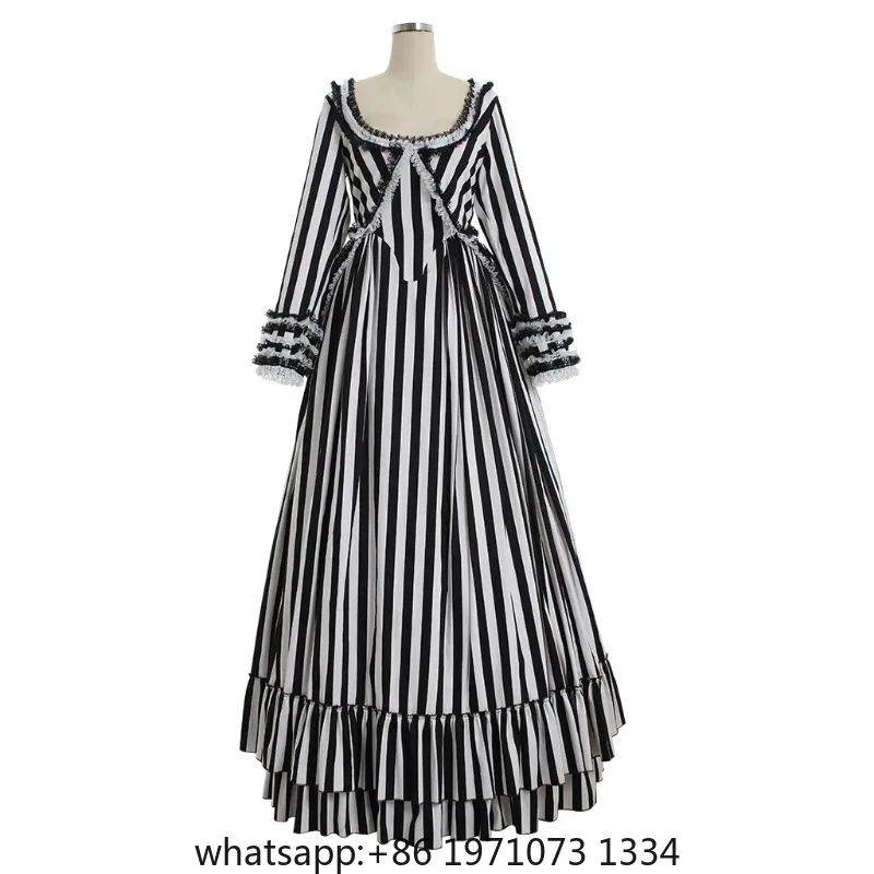 Katrina Cosplay Costume Victorian Gothic Black White Striped Bustle Dress Medieval Vintage Colonial Ball Gown Halloween Outfits
